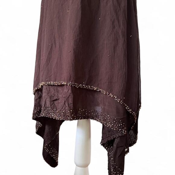 Morgan de Toi Y2K Silk Beaded Slip Dress – Brown Party Asymetrical Cocktail Midi - Picture 5 of 8